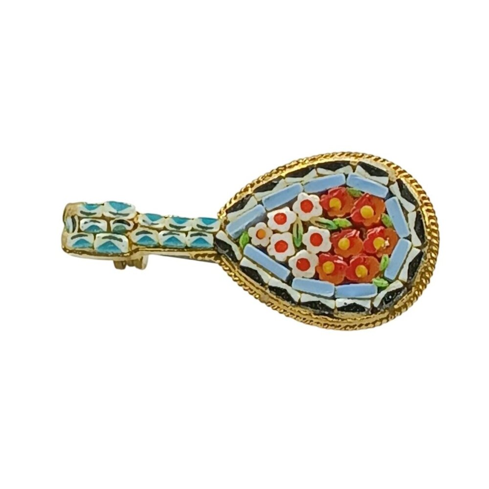 Vintage Italian Mosaic Gold Tone Mandolin Guitar Brooch with Floral Design